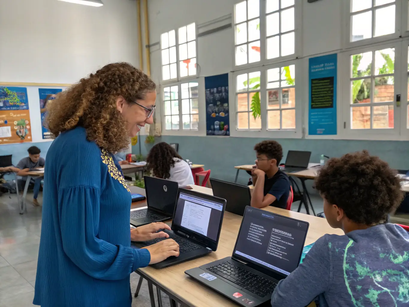 A student intensely focused on a screen filled with Python code, in a modern classroom setting, highlighting the practical application of Python skills.