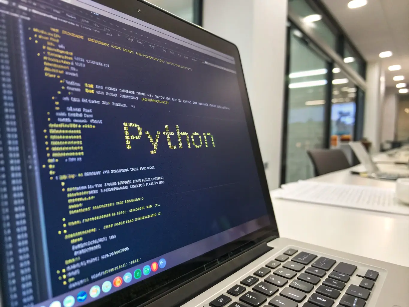 A close-up shot of a Python code snippet on a laptop screen, highlighting its readability and versatility, in the context of a Brightcore coding bootcamp.