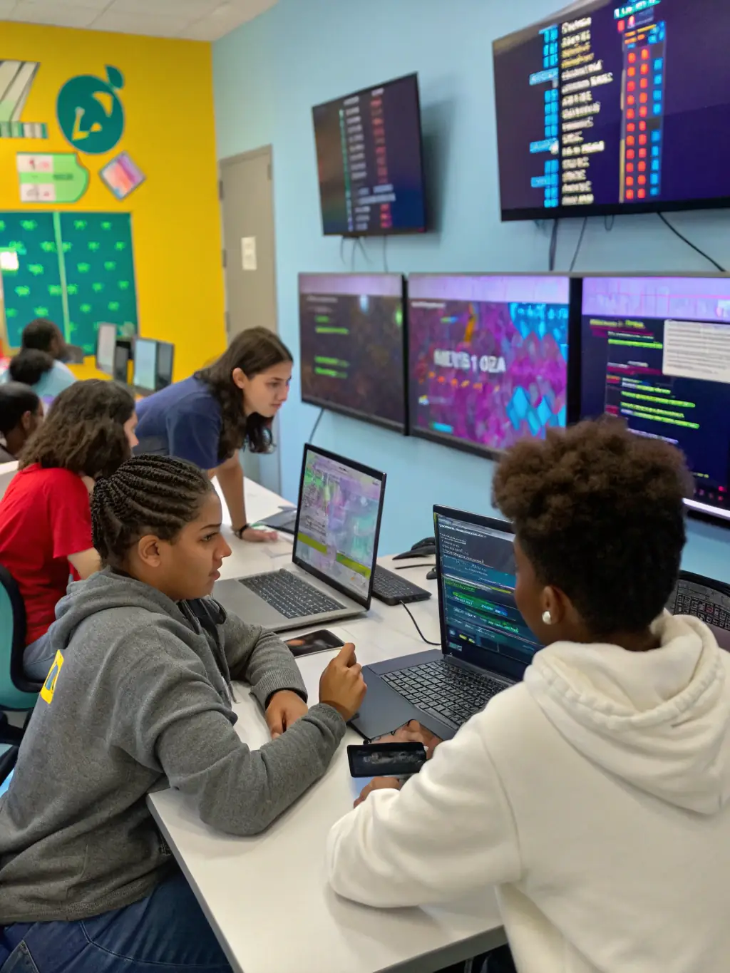 A diverse group of students collaborating on a Python project in a modern classroom setting, emphasizing teamwork and practical application of coding skills.