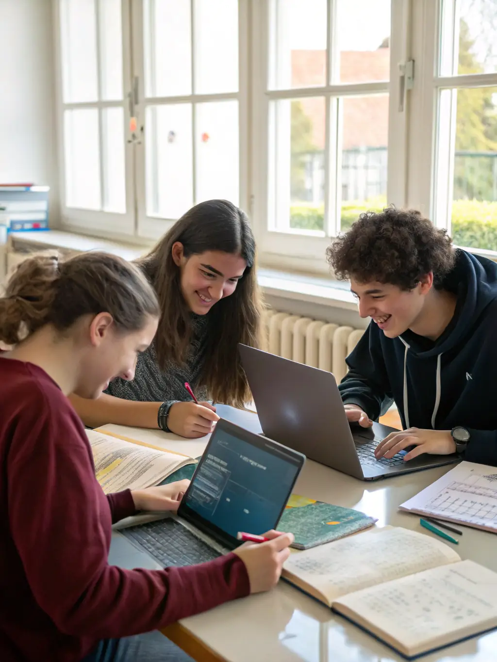 A collaborative coding session with students working on a project, emphasizing teamwork and practical application, used to represent the full-stack bootcamp.