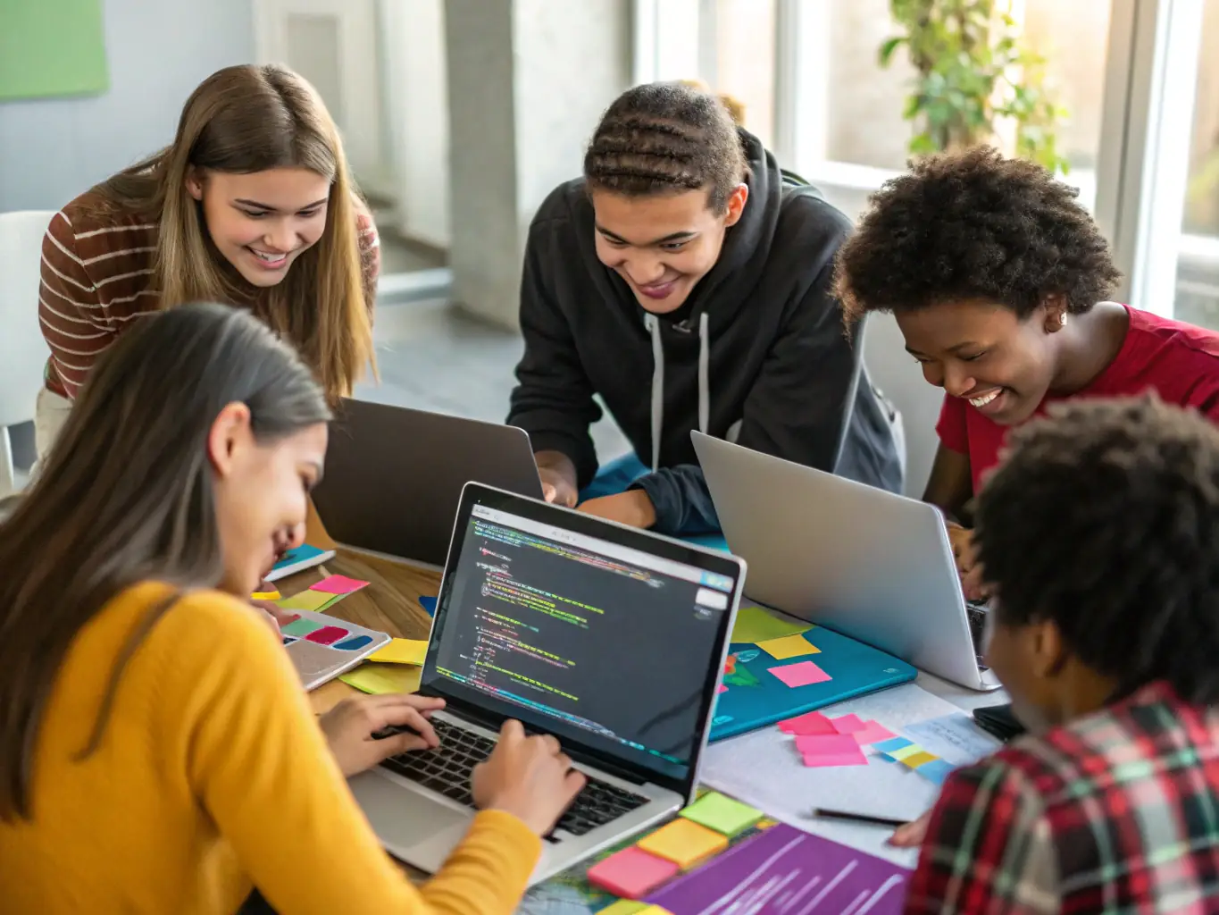 A diverse group of students collaborating on a JavaScript project, showcasing teamwork and the dynamic nature of web development.