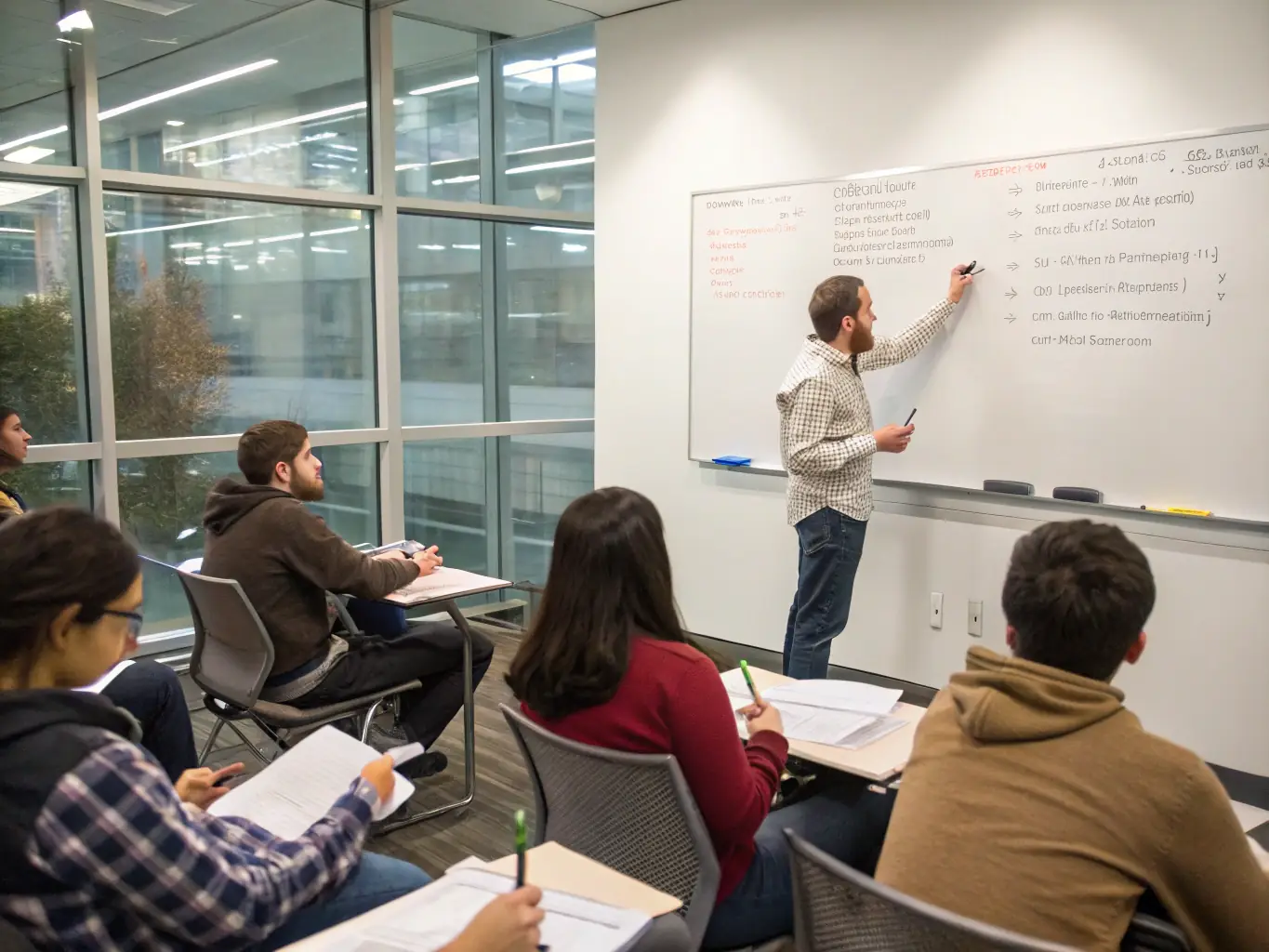 An instructor explaining a complex coding concept on a whiteboard, emphasizing the depth of knowledge and support provided in the bootcamps.