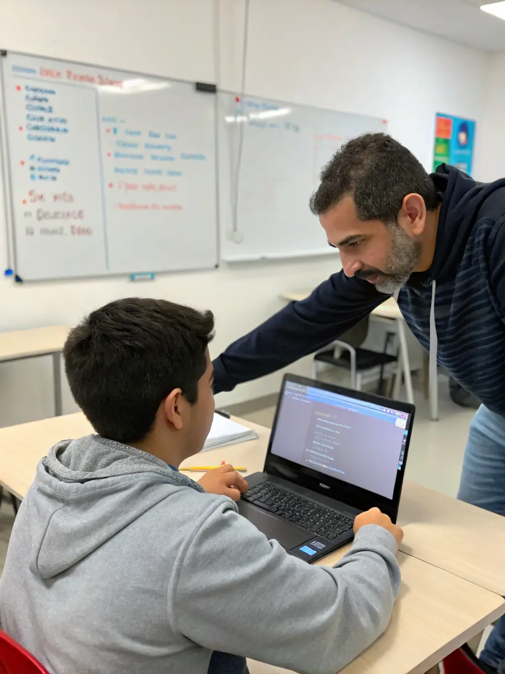 A mentor guiding a student through a coding challenge, highlighting the personalized support and guidance offered during the bootcamps.